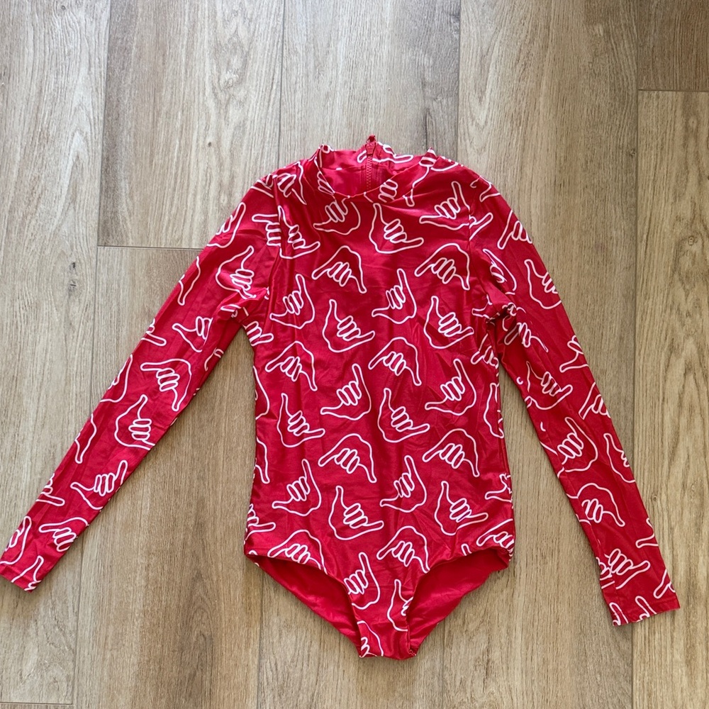 Kids Long-Sleeve Red One-Piece Swim Suit with White Hand-Print Pattern